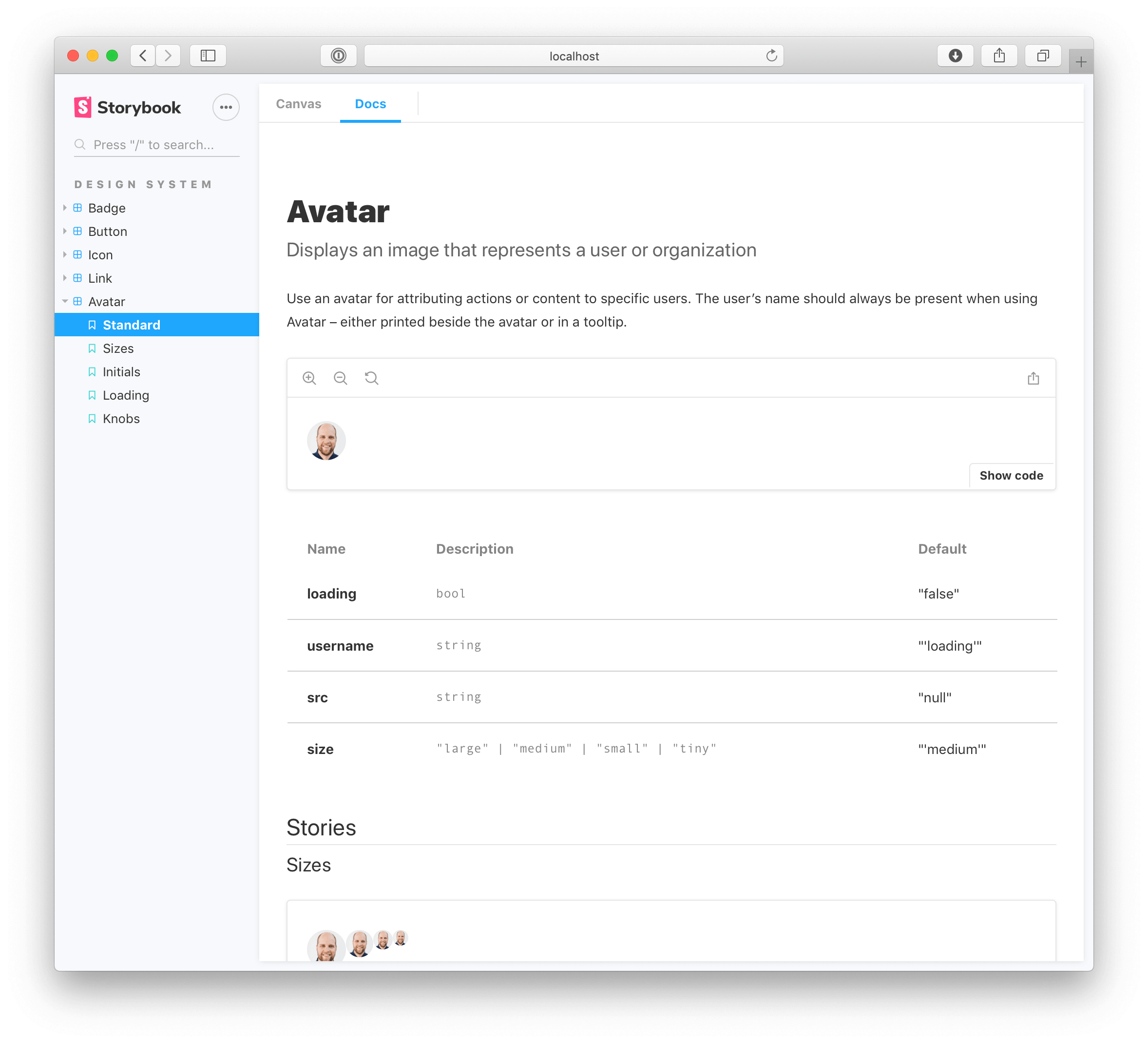 Storybook docs tab with component details